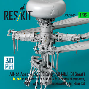 RESKIT RSU35-0083 AH-64 Apache (A,D, E Early, AH Mk.I, DI Saraf) folded main rotor, late blades &amp; fold restraint systems, MUMT, AN/APG-78 Longbow/ADSS for Meng kit (3D Printed) 1/35
