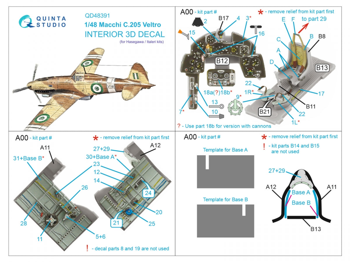 Quinta Studio QD48391 Macchi C.205 Veltro 3D-Printed &amp;amp; coloured Interior on decal paper (Hasegawa/Italeri) 1/48 – imagen 2
