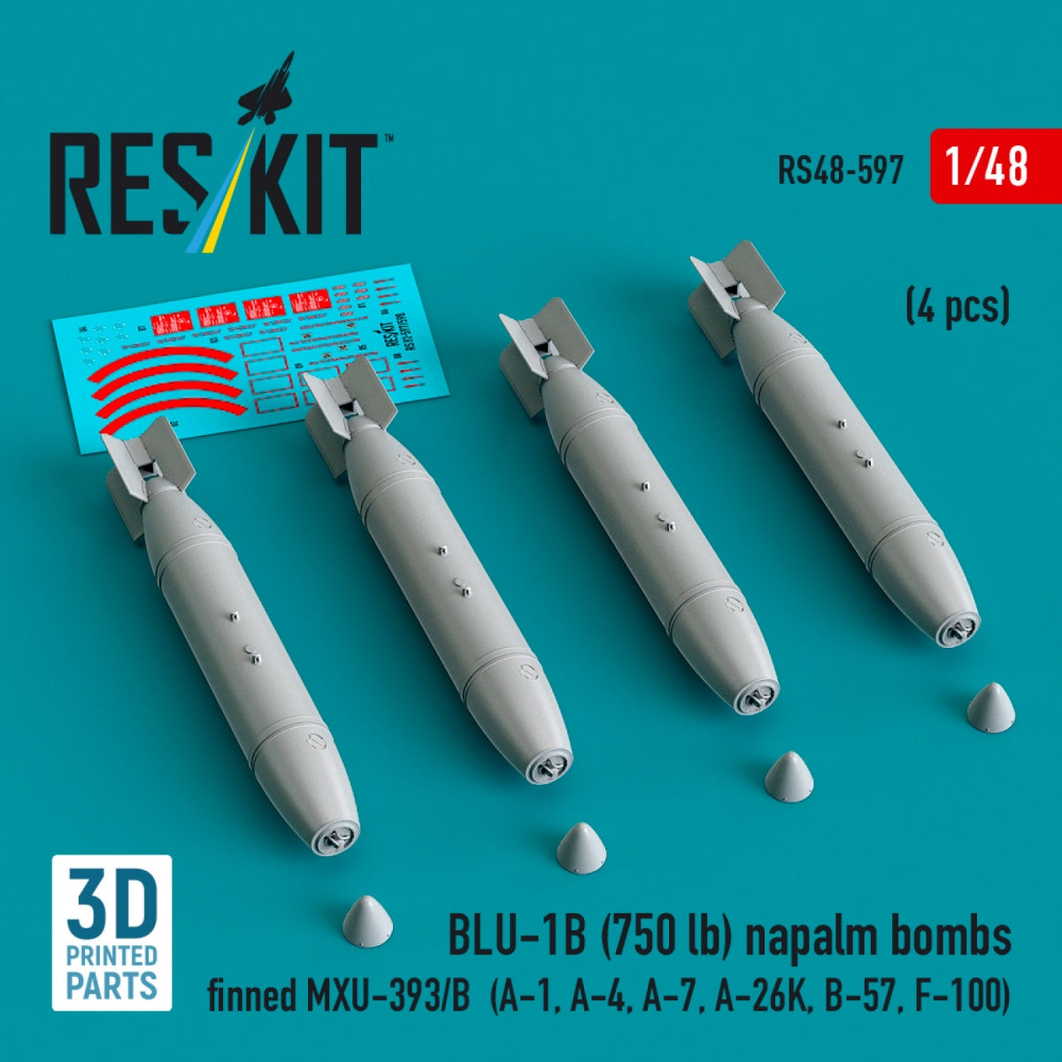RESKIT RS48-0597 BLU-1B (750 lb) napalm bombs finned MXU-393/B (4 pcs) (A-1, A-4, A-7, A-26K, B-57, F-100) (3D Printed) 1/48