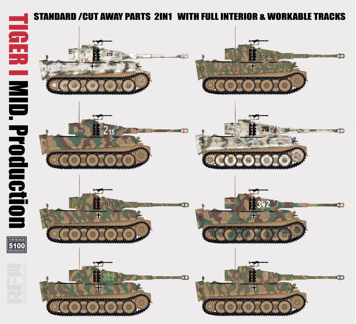 Rye Field Model 5100 TIGER I MID.Production STANDARD/CUT AWAY PARTS 2 IN 1 WITH FULL INTERIOR&amp;amp;WORKABLE TRACKS 1/35 – imagen 5