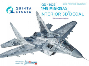 Quinta Studio QD48025 MiG-29AS (Slovak AF version) 3D-Printed &amp;amp; coloured Interior on decal paper (for GWH kits) 1/48