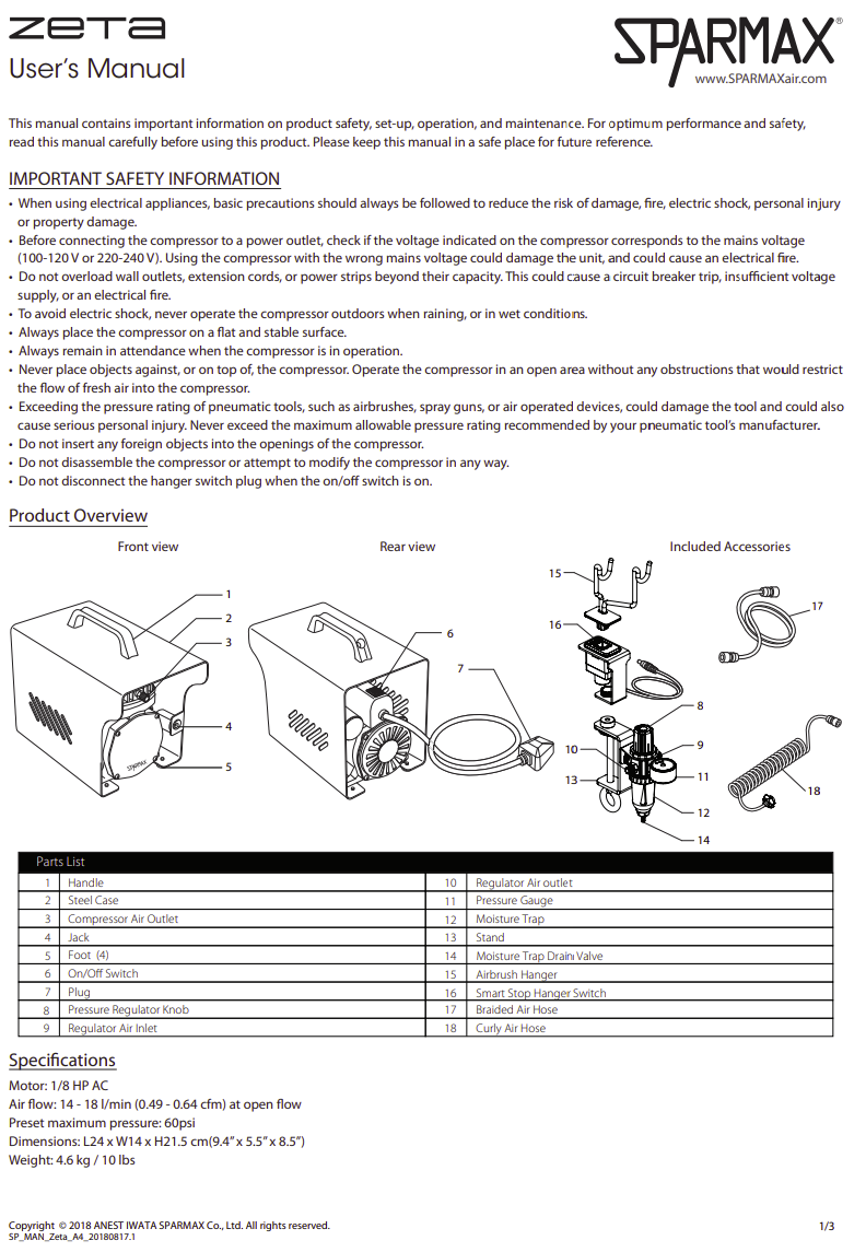 Sparmax AC501XZ Zeta Mini Air Compressor With Smart Stop Hanger And 2m Hose – immagine 5