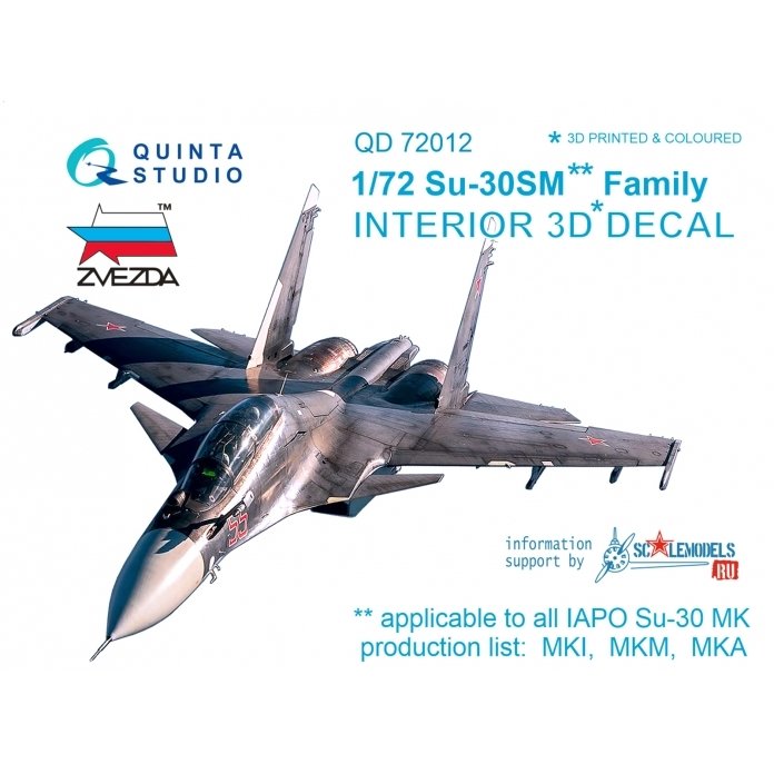 Quinta Studio QD72012 Su-30SM 3D-Printed &amp;amp; coloured Interior on decal paper (for Zvezda kit) 1/72