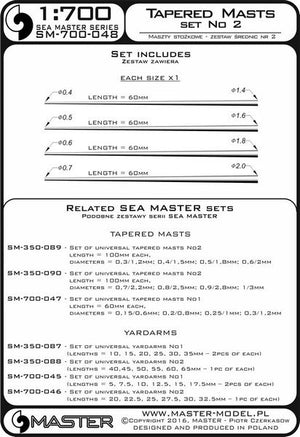 Master SM-700-048 Set of universal tapered masts No2 (length = 60mm each, diameters = 0,4/1,4mm; 0,5/1,6mm; 0,6/1,8mm; 0,7/2mm) 1/700 – Bild 3