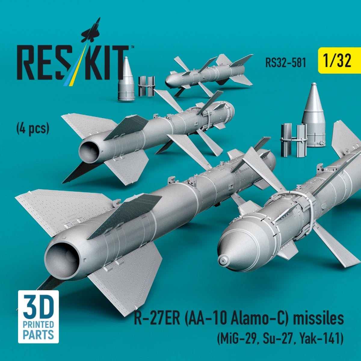 RESKIT RS32-0581 R-27ER (AA-10 Alamo-C) missiles (4 pcs) (MiG-29, Su-27, Yak-141) (3D Printed) 1/32