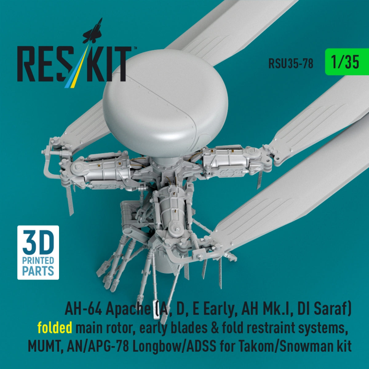 RESKIT RSU35-0078 AH-64 Apache (A, D, E Early, AH Mk.I, DI Saraf) folded main rotor, early blades &amp; fold restraint systems, MUMT, AN/APG-78 Longbow/ADSS for Takom/Snowman kit (3D Printed) 1/35