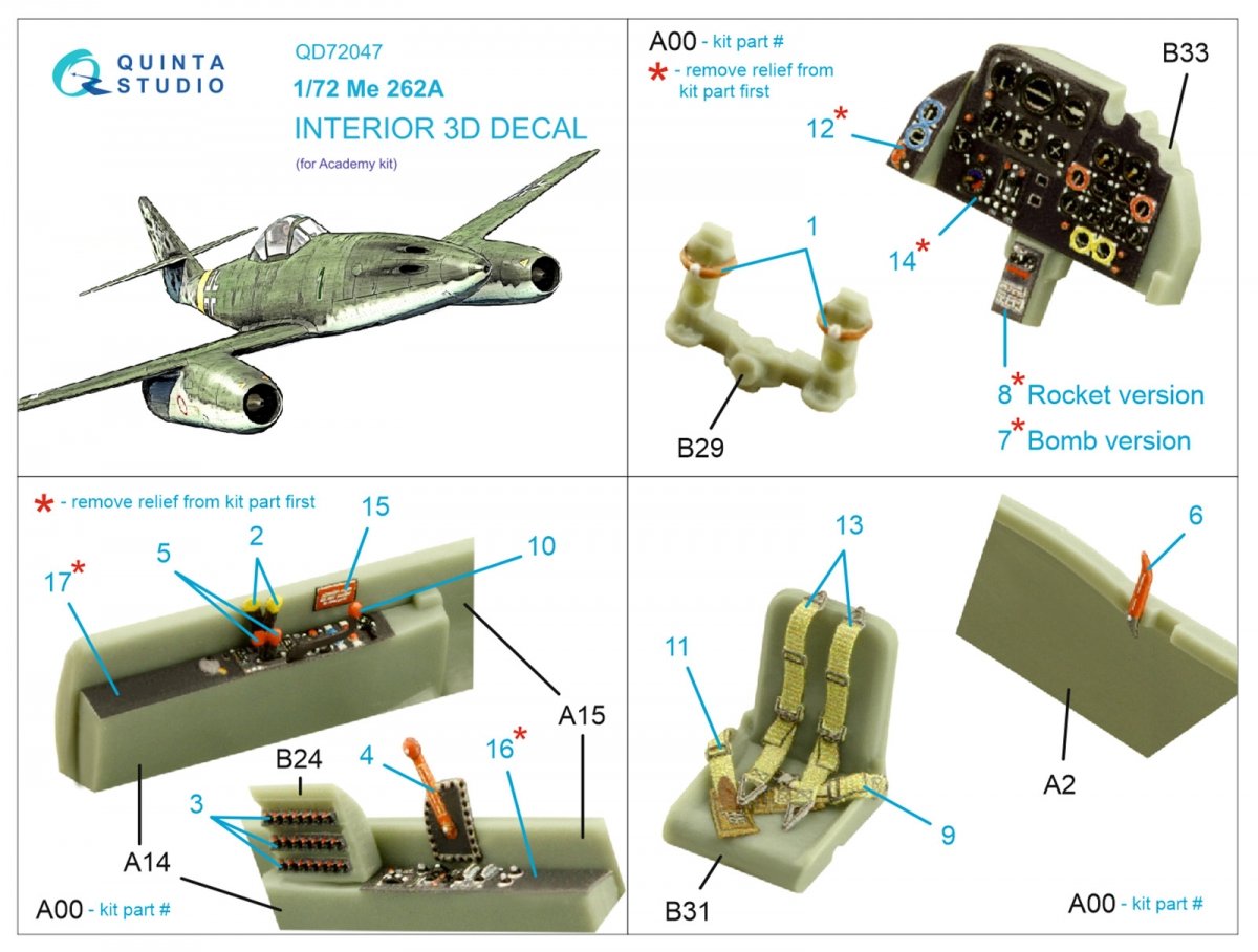 Quinta Studio QD72047 Me-262A 3D-Printed &amp;amp; coloured Interior on decal paper (Academy) 1/72 – imagen 2