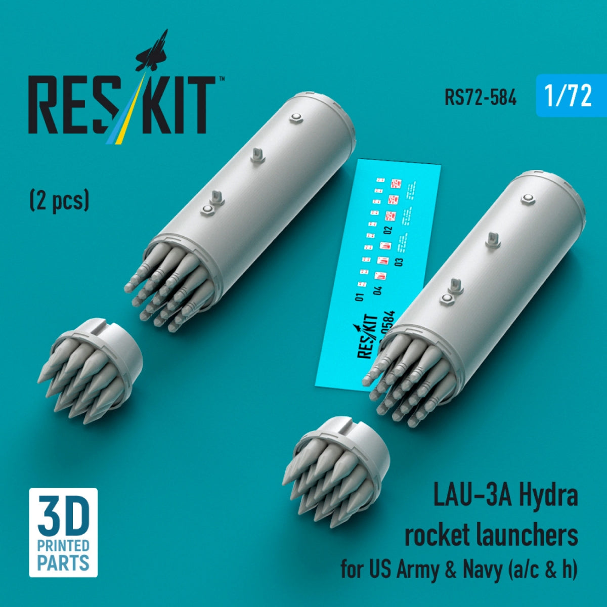 RESKIT RS72-0584 LAU-3A Hydra rocket launchers for US Army &amp; Navy (a/c &amp; h) (2pcs) (3D Printed) 1/72
