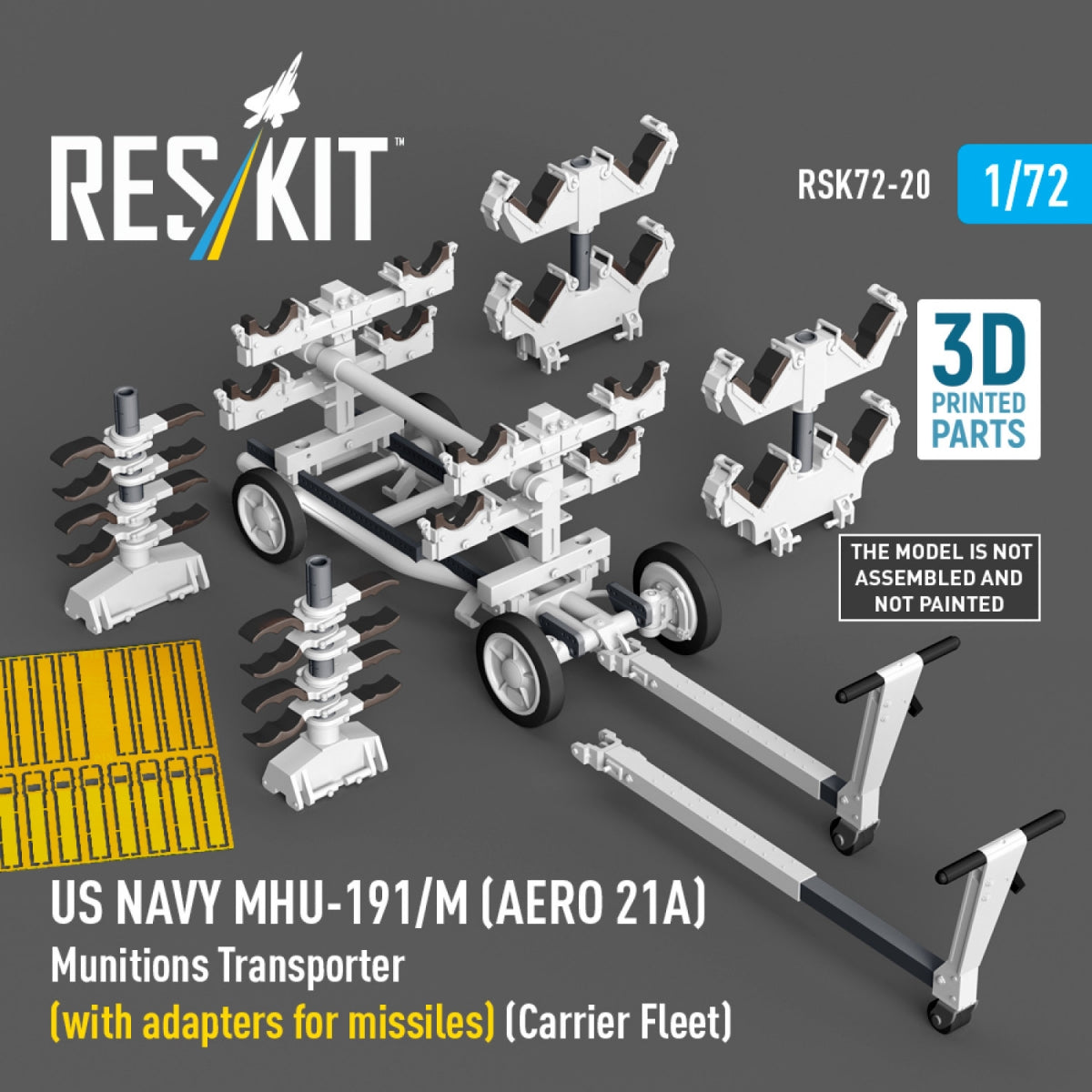 RESKIT RSK72-0020 US NAVY MHU-191/M (AERO 21A) Munitions Transporter (with adapters for missiles) (Carrier Fleet, C-130) (3D Printed model kit) 1/72 – Bild 2