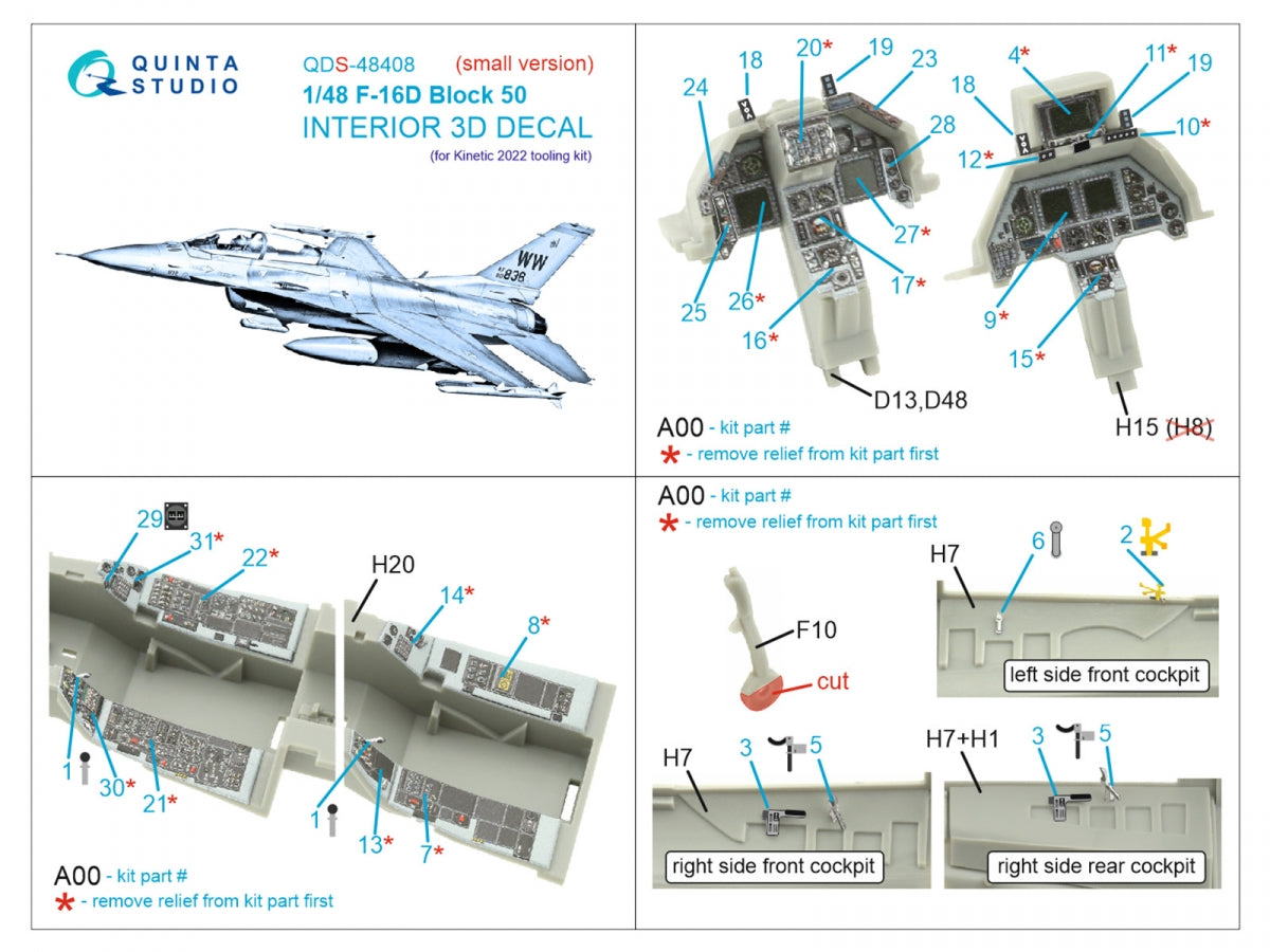 Quinta Studio QDS-48408 F-16D block 50 3D-Printed &amp;amp; coloured Interior on decal paper (Kinetic 2022 tool) (small) 1/48 – imagen 2