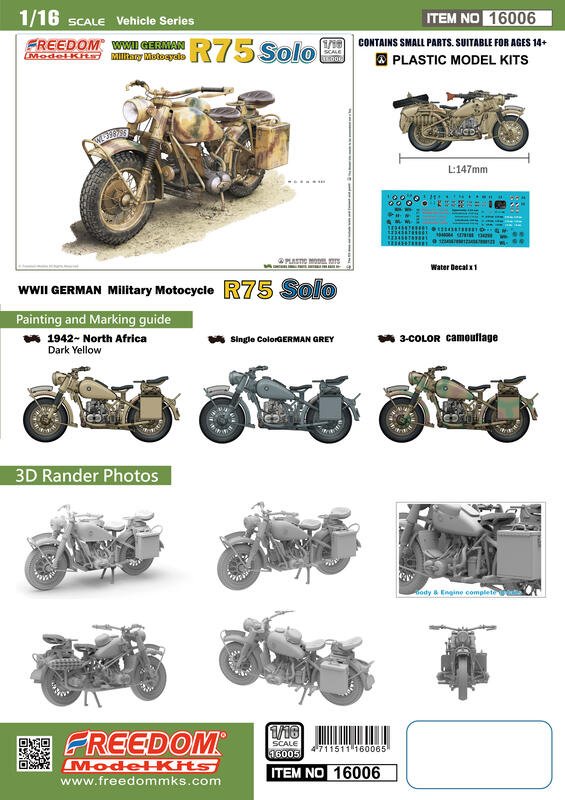 Freedom 16006 WWII German BMW R75 Motorcycle Solo 1/16 – imagen 2