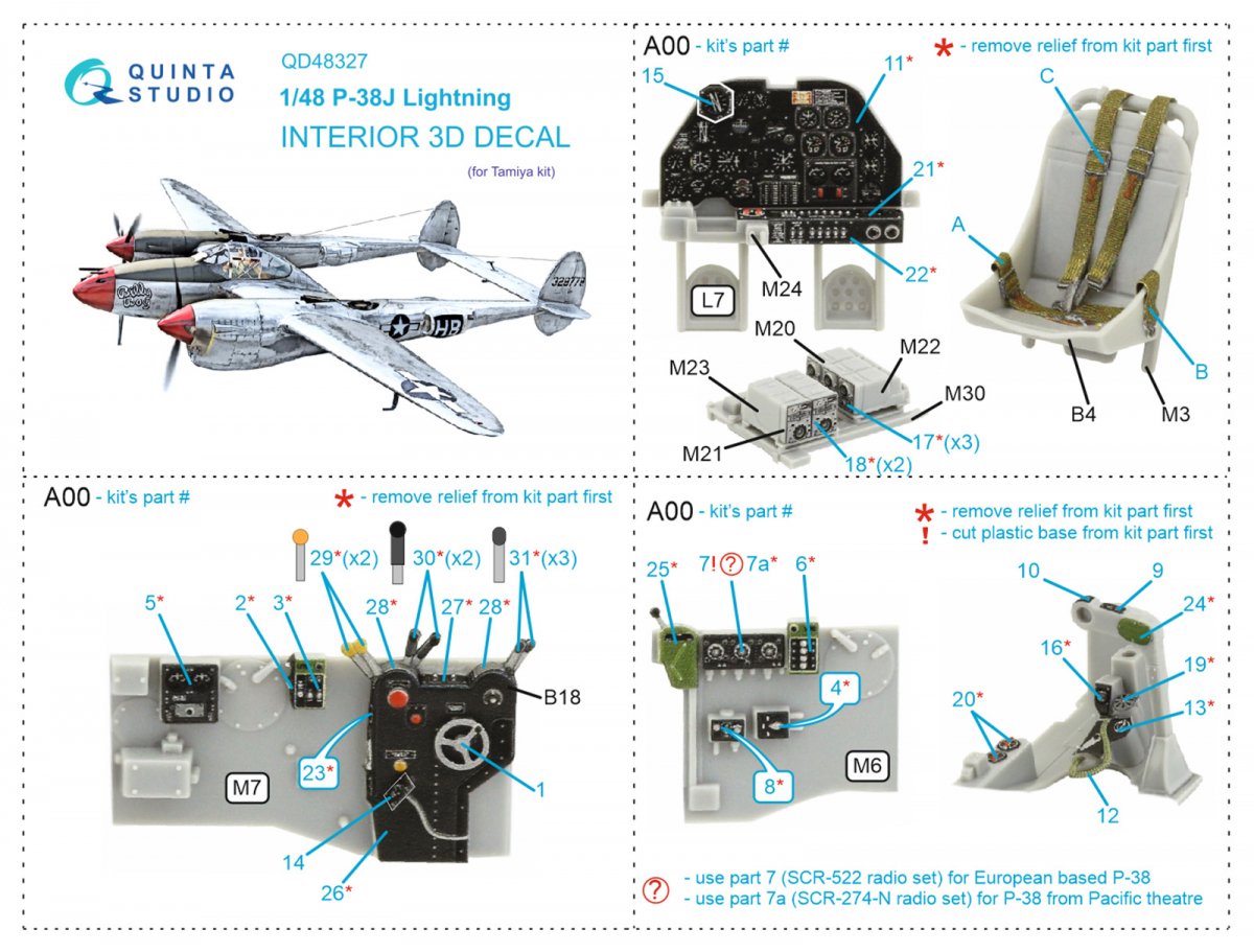 Quinta Studio QD48327 P-38J 3D-Printed &amp;amp; coloured Interior on decal paper (Tamiya) 1/48 – imagen 2