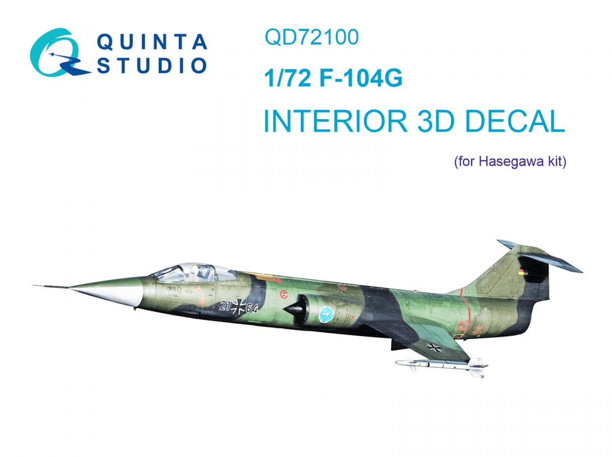 Quinta Studio QD72100 F-104G 3D-Printed &amp;amp; coloured Interior on decal paper (Hasegawa) 1/72