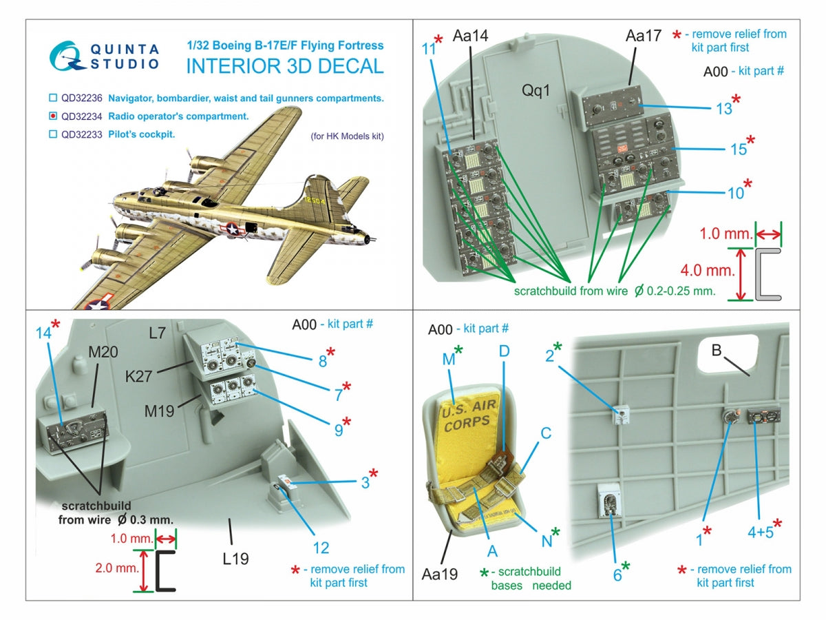 Quinta Studio QD32234 Boeing B-17E/F Radio operator&amp;#39;s compartment. 3D-Printed coloured Interior on decal paper (HK models) 1/32 – immagine 2