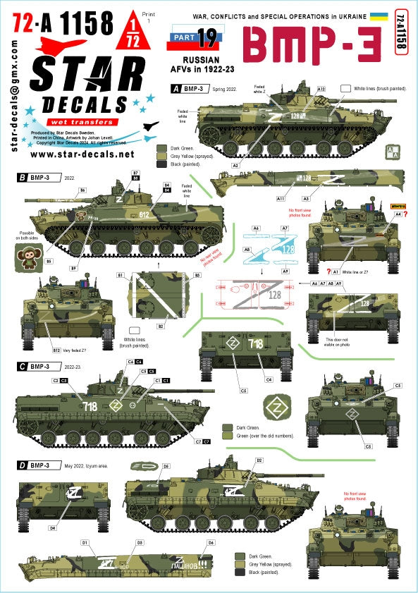 Star Decals 72-A1158 Guerre en Ukraine n° 19. BMP-3 russe en 2022-23, échelle 1/72