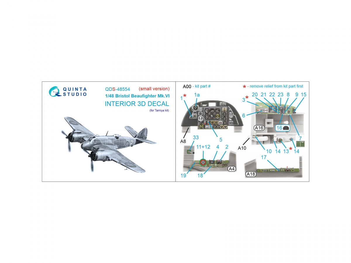 Quinta Studio QDS-48554 Bristol Beaufighter Mk.VI 3D-Printed &amp;amp; coloured Interior on decal paper (Tamiya) (small version) 1/48 – imagen 2