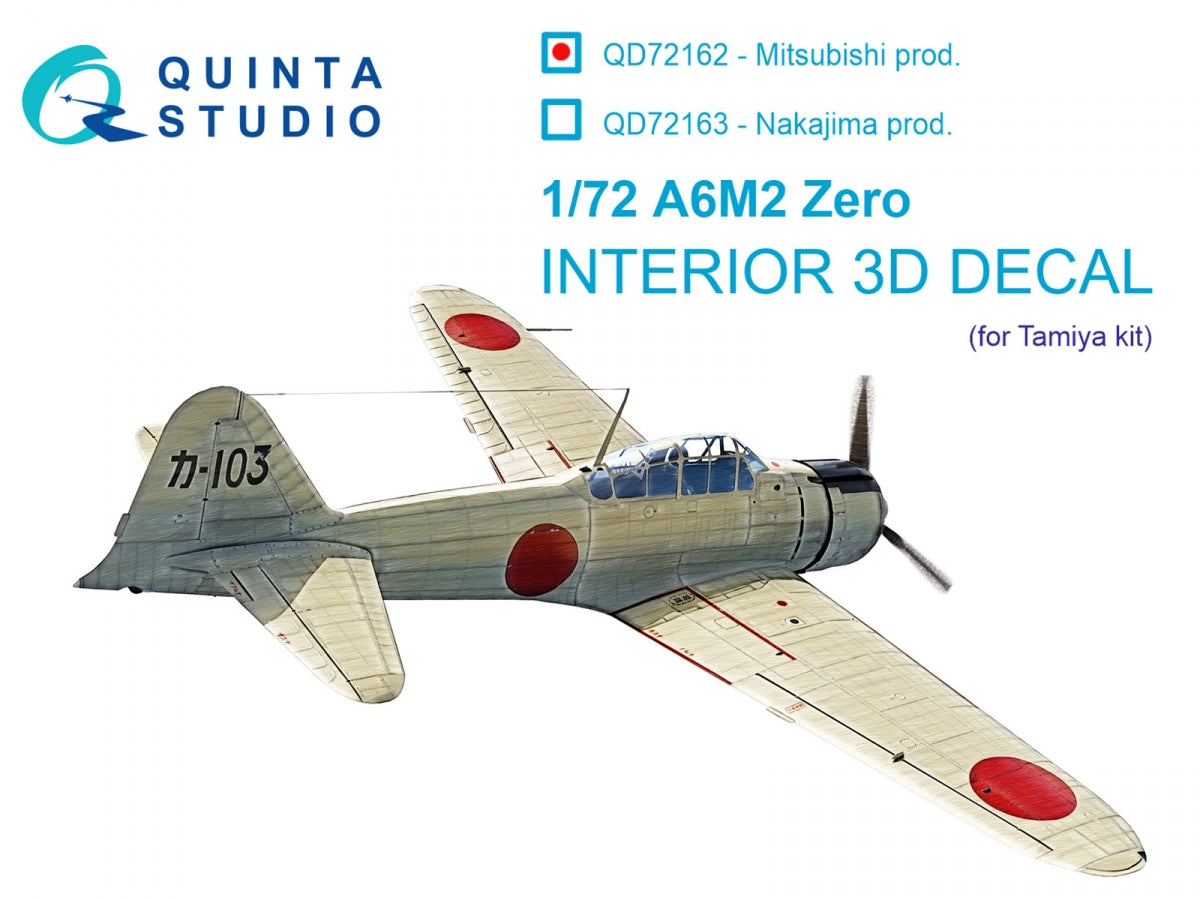 Quinta Studio QD72162 A6M2 Zero (Mitsubishi Prod.) 3D-Printed colored Interior on decal paper (Tamiya) 1/72