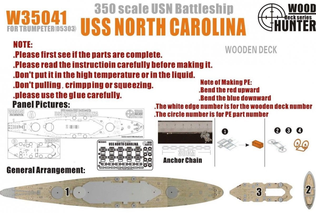 Maquette en bois Wood Hunter W35041 du pont de l'USS North Carolina pour Trumpeter 05303, échelle 1/350