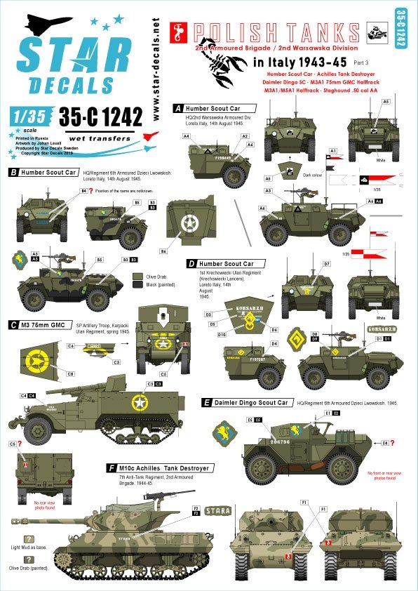 Star Decals 35-C1242 Chars polonais en Italie 1943-45 # 3 1/35