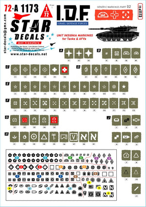 Star Decals 72-A1173 Marquages ​​génériques IDF n° 2. Insignes de brigade/unité israéliens pour chars et véhicules blindés. Échelle 1/72