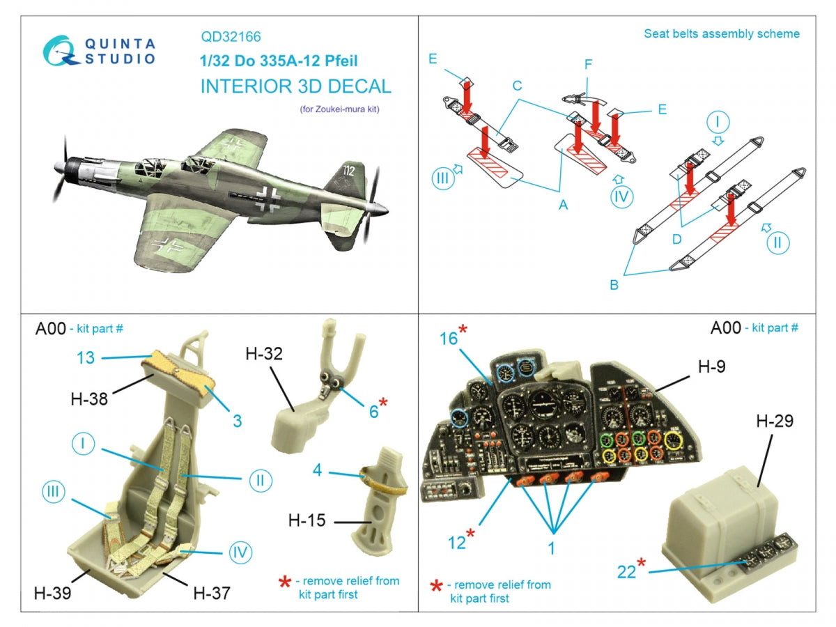 Quinta Studio QD32166 Do 335A-12 3D-Printed &amp;amp; coloured Interior on decal paper (Zoukei-Mura) 1/32 – imagen 2