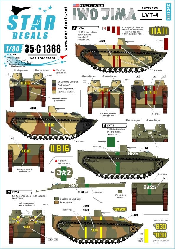 Star Decals 35-C1368 GUERRES DU PACIFIQUE AMÉRICAINES - IWO JIMA USMC LVT-4 Amtracks 1/35