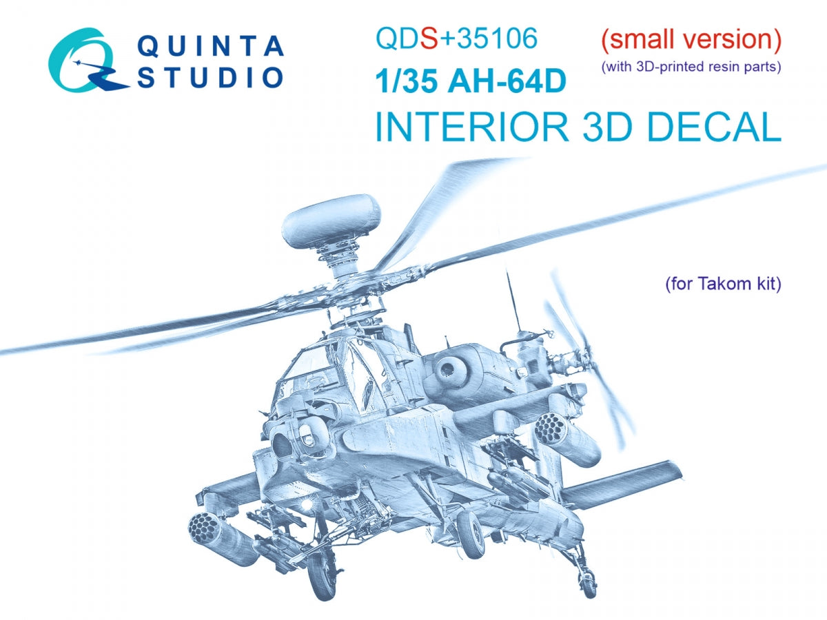 Quinta Studio QDS+35106 AH-64D 3D-Printed &amp; colored Interior on decal paper (Takom) (Small version) (with 3D-printed resin parts) 1/35