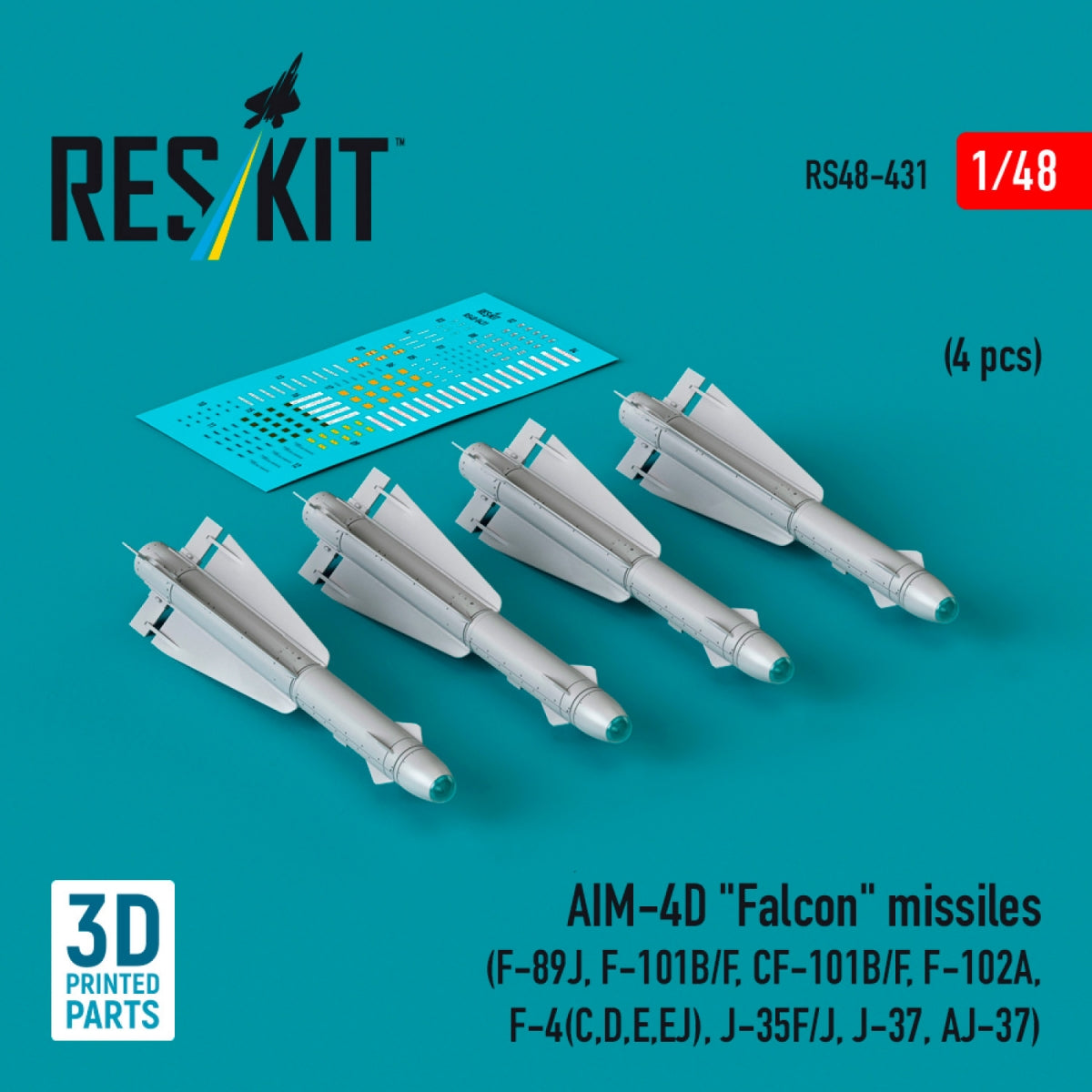 RESKIT RS48-0431 AIM-4D &amp;quot;Falcon&amp;quot; missiles (4 pcs) (3D Printed) 1/48 – Bild 2
