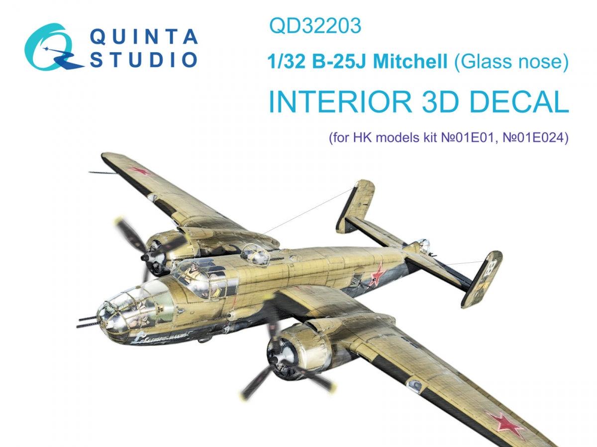 Quinta Studio QD32203 B-25J Mitchell Glass nose 3D-Printed &amp; colored Interior on decal paper (HK models) 1/32