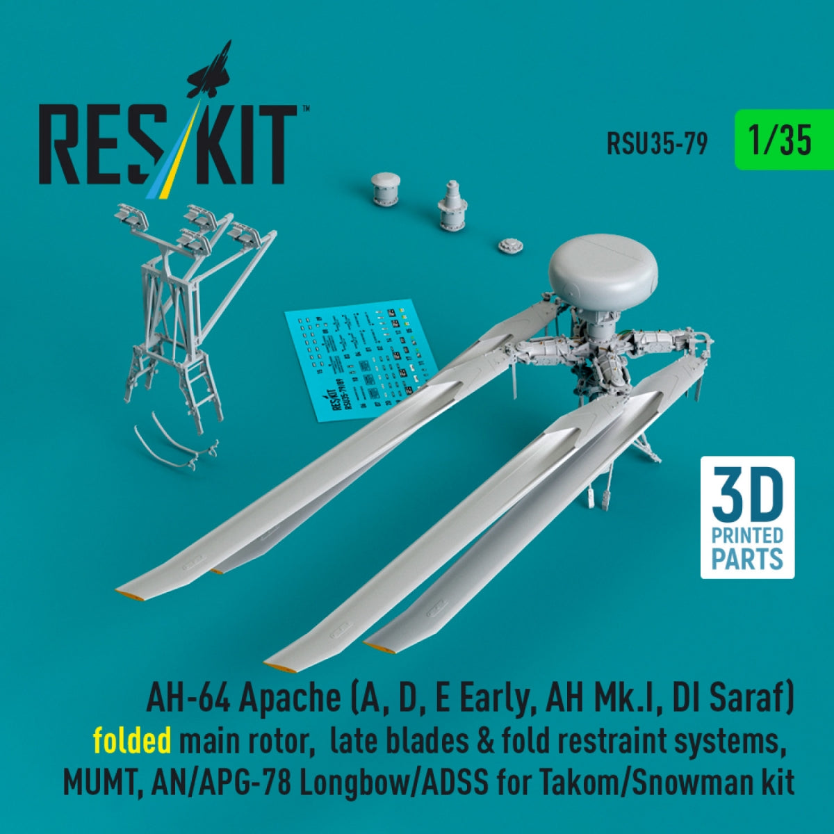 RESKIT RSU35-0079 AH-64E late Apache folded main rotor, late blades &amp; fold restraint systems, MUMT, AN/APG-78 Longbow for Takom/Snowman kit (3D Printed) 1/35