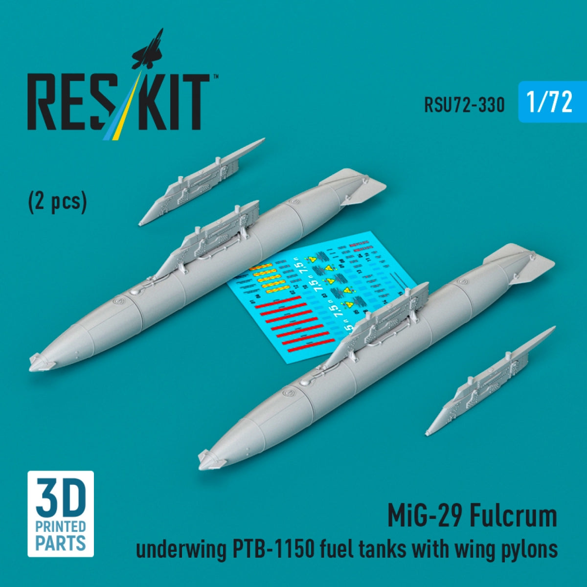 RESKIT RSU72-0330 MiG-29 Fulcrum underwing PTB-1150 fuel tanks with wing pylons (2 pcs) (3D Printed) 1/72
