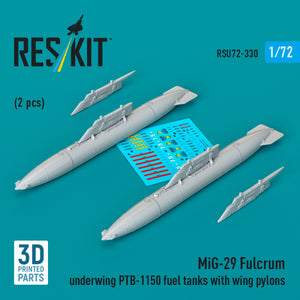 RESKIT RSU72-0330 MiG-29 Fulcrum underwing PTB-1150 fuel tanks with wing pylons (2 pcs) (3D Printed) 1/72