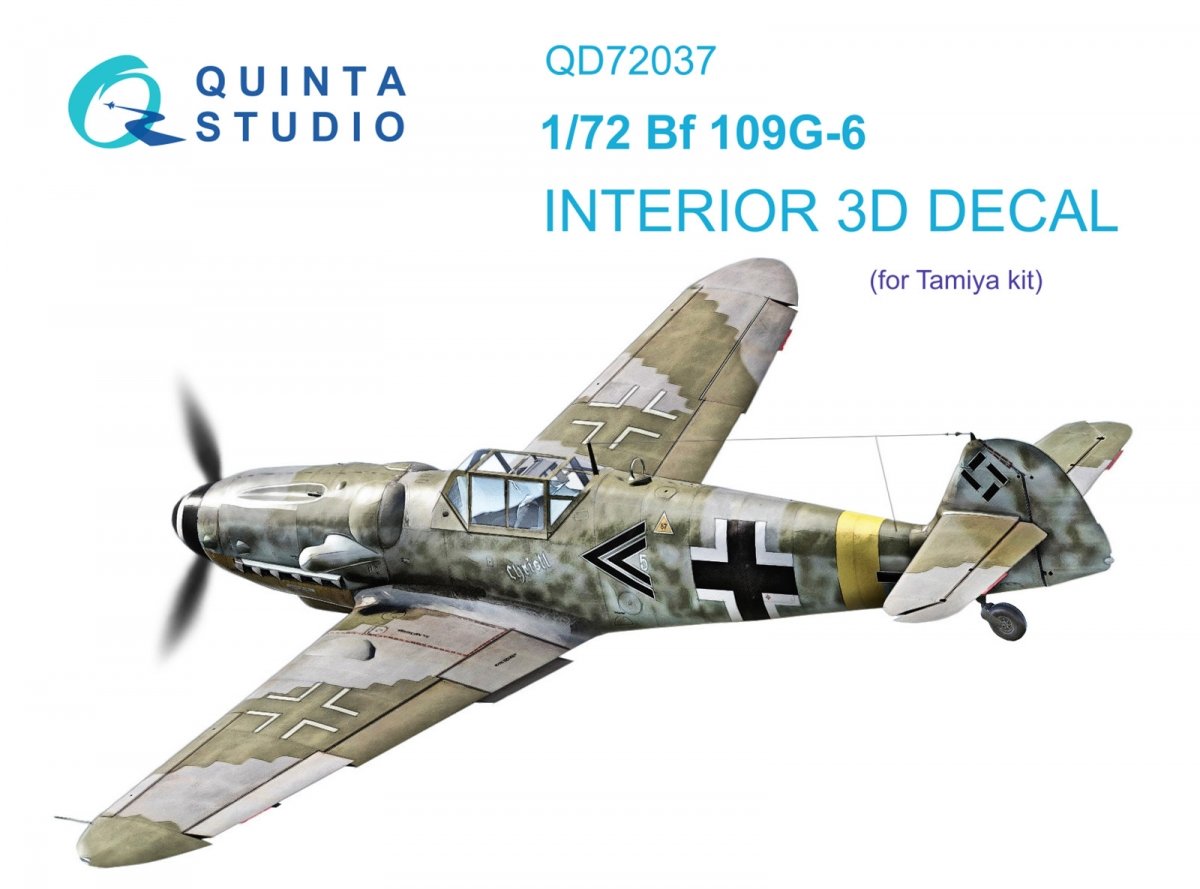 Quinta Studio QD72037 Bf 109 G-6 3D-Printed &amp; colored Interior on decal paper (Tamiya) 1/72