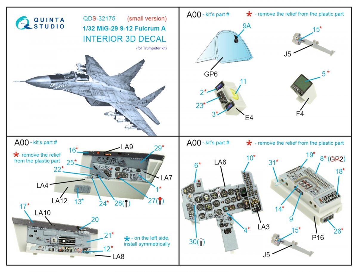 Quinta Studio QDS-32175 MiG-29 9-12 Fulcrum A 3D-Printed &amp;amp; coloured Interior on decal paper (Trumpeter) (Small version) 1/32 – immagine 2