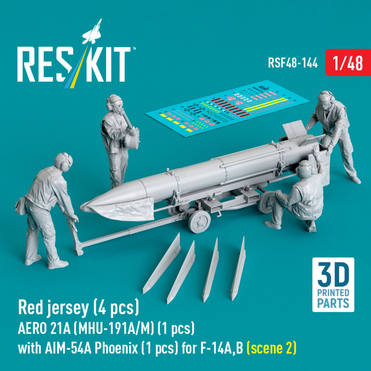 RESKIT RSF48-0144 Red jersey (4 pcs) AERO 21A (MHU-191A/M) (1 pcs) with AIM-54A Phoenix (1 pcs) for F-14A,B (scene 2) (3D Printed) 1/48