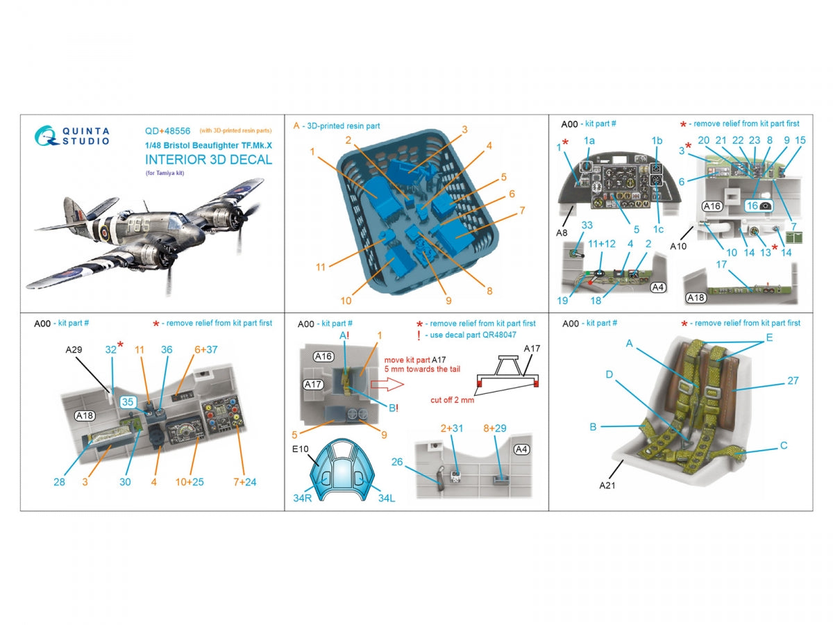 Quinta Studio QD+48556 Bristol Beaufighter TF.Mk.X 3D-Printed &amp;amp; coloured Interior on decal paper (Tamiya) (with 3D-printed resin parts) 1/48 – imagen 2