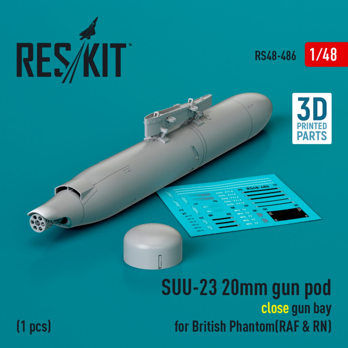 RESKIT RS48-0486 SUU-23 20mm gun pod (close gun bay) for British Phantom (RAF &amp;amp; RN) (1 pcs) (3D Printed) 1/48