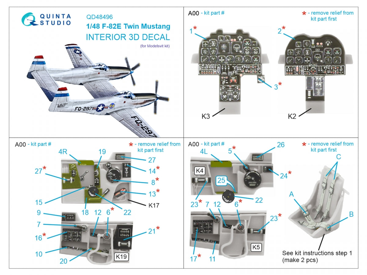Quinta Studio QD48496 F-82E Twin Mustang 3D-Printed coloured Interior on decal paper (Modelsvit) 1/48 – imagen 2