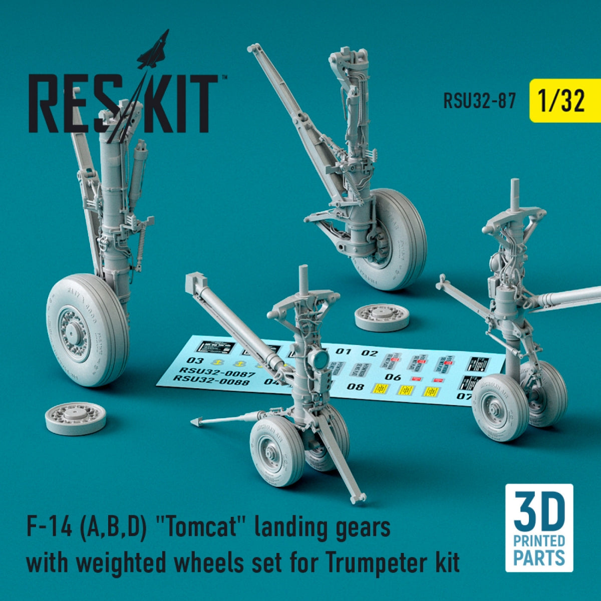 RESKIT RSU32-0087 F-14 (A,B,D) "TOMCAT" LANDING GEARS WITH WEIGHTED WHEELS SET FOR TRUMPETER KIT (3D PRINTED) 1/32