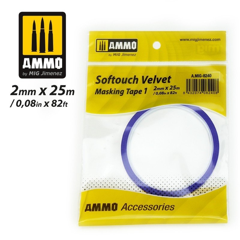 AMMO de Mig Jimenez 8240 SOFTOUCH VELVET MASKING TAPE 1 (2mm X 25M)