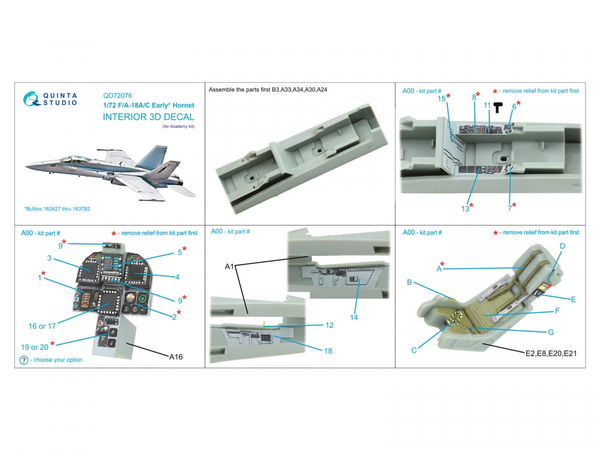 Quinta Studio QD72076 F/A-18A/C early 3D-Printed &amp;amp; coloured Interior on decal paper (Academy) 1/72 – imagen 13
