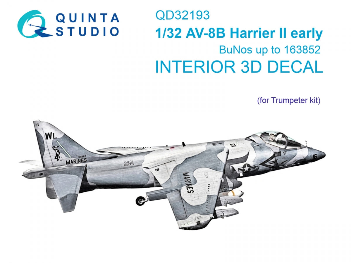 Quinta Studio QD32193 AV-8B Harrier II early 3D-Printed &amp; colored Interior on decal paper (Trumpeter) 1/32