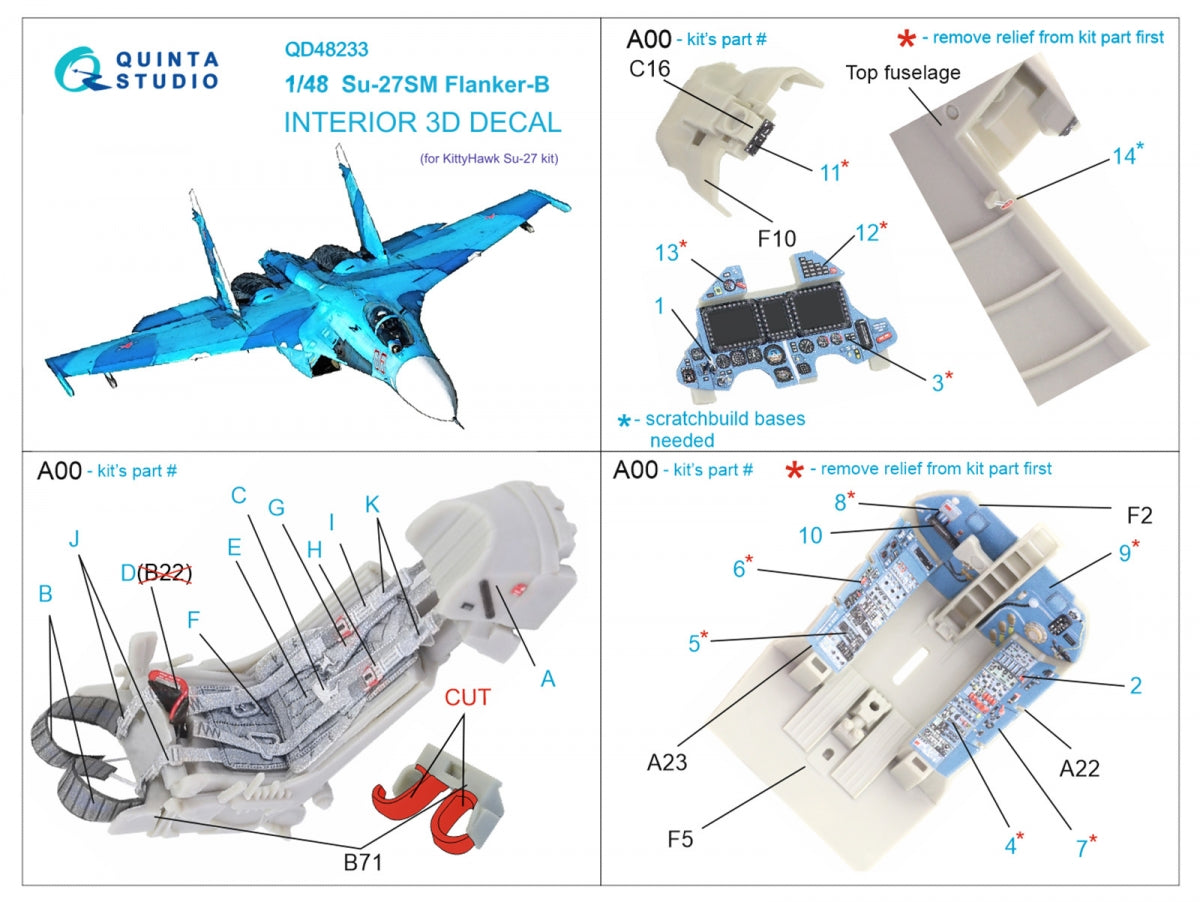 Quinta Studio QD48233 Su-27SM 3D-Printed &amp;amp; coloured Interior on decal paper (KittyHawk) 1/48 – zdjęcie 2