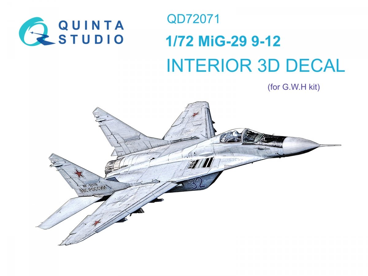 Quinta Studio QD72071 MiG-29 9-12 3D-Printed &amp; colored Interior on decal paper (GWH) 1/72