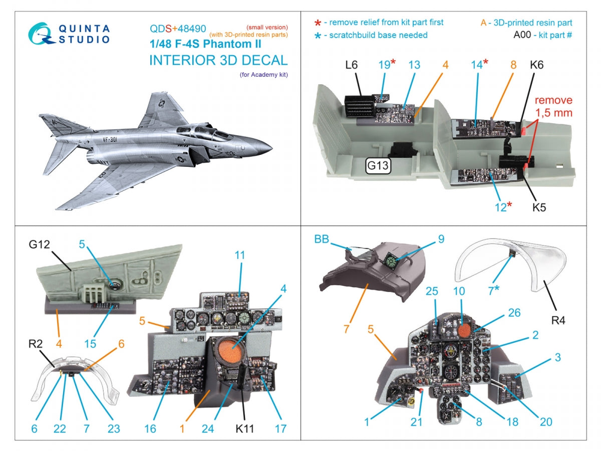 Quinta Studio QDS+48490 F-4S Phantom II 3D-Printed &amp;amp; coloured Interior on decal paper (Academy) (Small version) (with 3D-printed resin parts) 1/48 – imagen 3