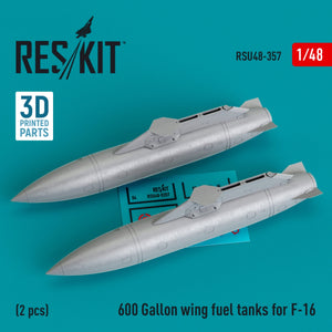 Réservoirs de carburant d&amp;#39;aile RESKIT RSU48-0357 de 600 gallons pour F-16 (2 pièces) (Impression 3D) 1/48