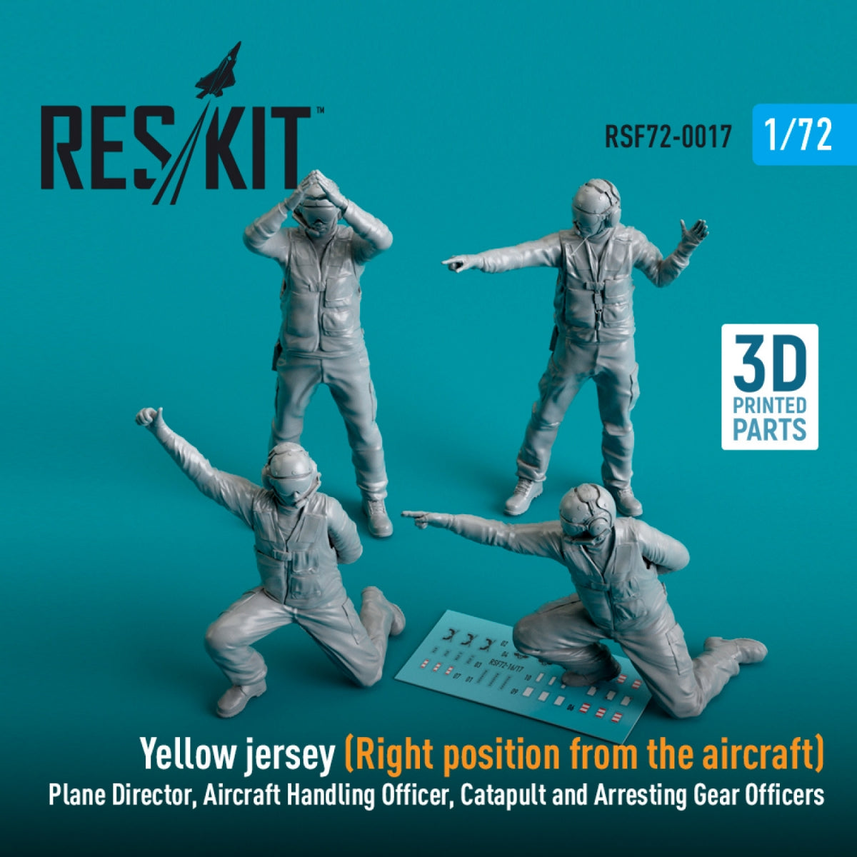 RESKIT RSF72-0017 MAILLOT JAUNE (POSITION DROITE PAR RAPPORT À L'AVION) DIRECTEUR DE VOL, OFFICIER DE MANŒUVRE, OFFICIERS DE CATAPULTE ET DE PISTE D'ARRÊT (4 PIÈCES) (IMPRIMÉ EN 3D) 1/72