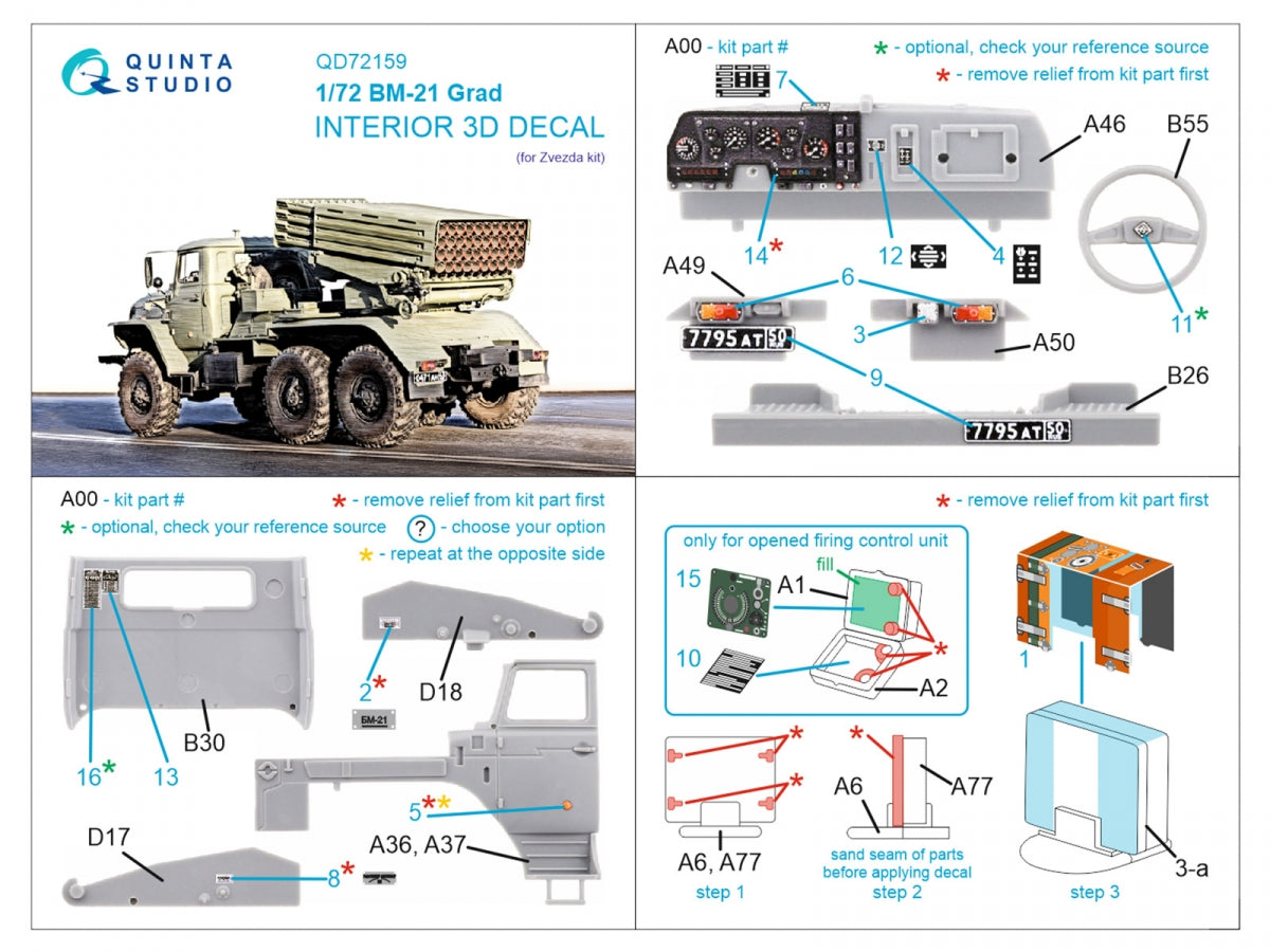 Quinta Studio QD72159 BM-21 Grad 3D-Printed coloured Interior on decal paper (Zvezda) 1/72 – imagen 2