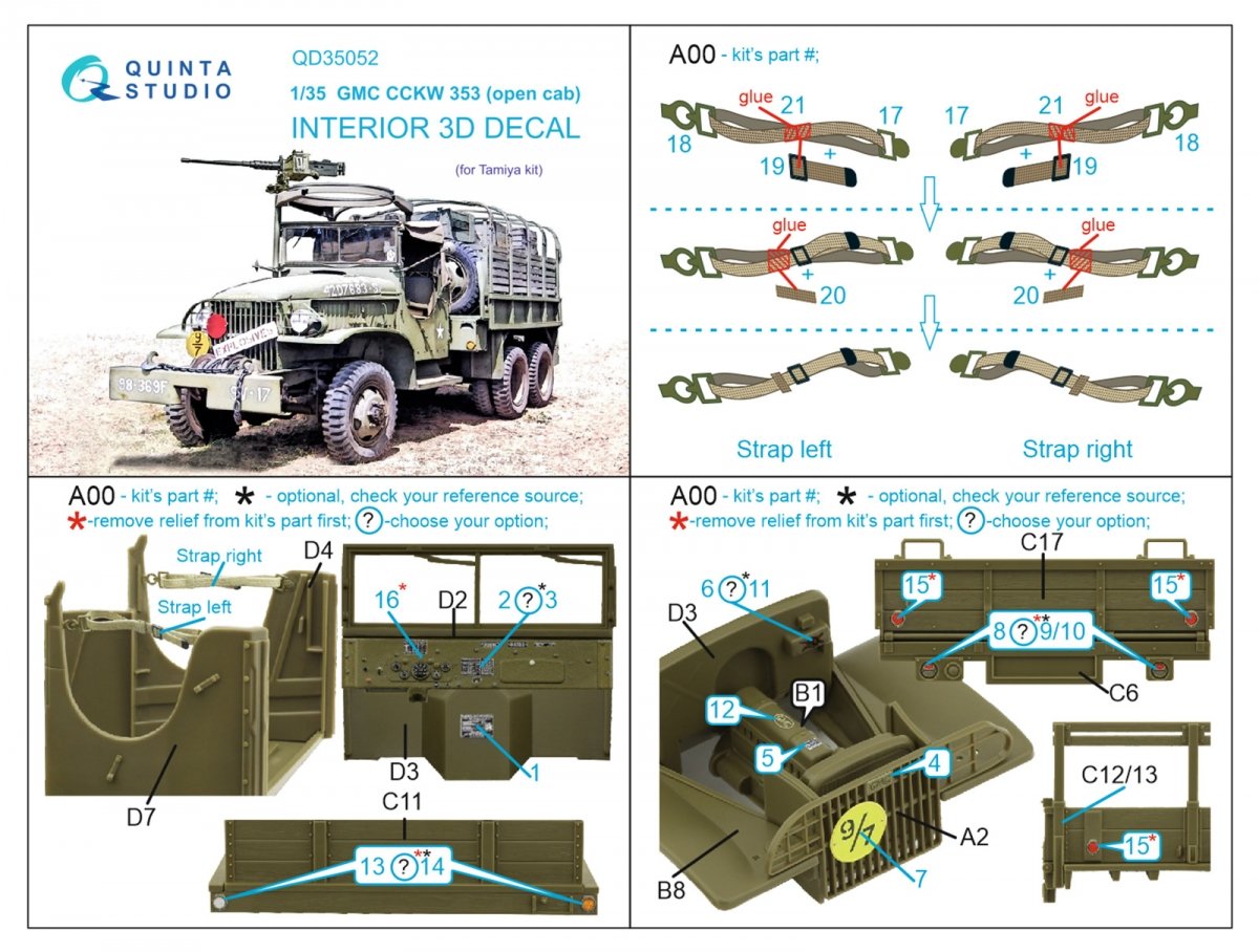 Quinta Studio QD35052 GMC CCKW 353 (open cab) 3D-Printed &amp;amp; coloured Interior on decal paper ( Tamiya ) 1/35 – Bild 2