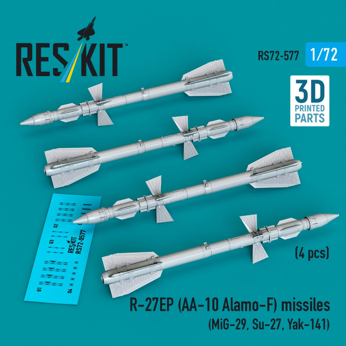 RESKIT RS72-0577 R-27EP (AA-10 Alamo-F) missiles (4 pcs) (MiG-29, Su-27, Yak-141) (3D Printed) 1/72